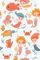 Seamless pattern with cute mermaids. Vector graphics.