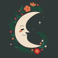 Cute illustration with moon and flowers. Vector graphics