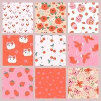 Set of cute kawaii seamless valentine's day patterns. Vector graphics