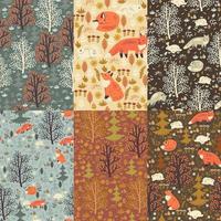 Set of forest seamless patterns with trees, foxes and hares. Vector graphics