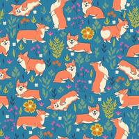 Seamless pattern of cute dogs of the Corgi breed with flowers. Vector graphics