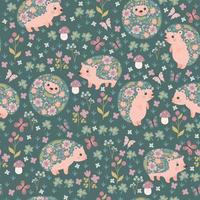 Seamless pattern of blooming hedgehogs and flowers. Vector graphics