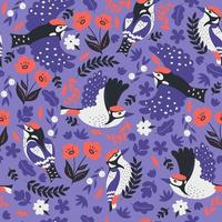 Seamless pattern with woodpeckers and flowers. Vector graphics