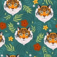 Tropical seamless pattern with tigers and leaves. Vector graphics