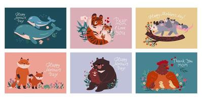 Set of postcards for mother's day with animals. Vector graphics.