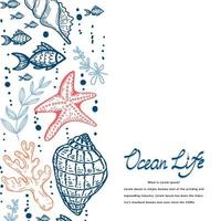 A banner template in a nautical style. Hand drawn seashells, fish, seahorses and starfish in sketch style. Life of the ocean. Handwritten lettering. A greeting card. Beach party. vector