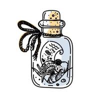 Hand-drawn doodle-style glass bottle with cork. Vintage bottle with a note. Shells. Treasure card. Treasure. Pirates. Simple vector illustration