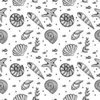 Seamless pattern, hand-drawn sea creatures in sketch style. Shells and seaweed. White background. Isolated. Summer. Ocean. Flat design. Vector illustration
