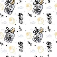 Seamless bottle pattern with a note inside, sea creatures and seaweed, hand-drawn elements in doodle style. Vintage bottle. Shells. Treasure card. Treasure. Pirates. Flat vector style