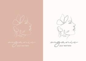 Beauty woman with butterfly leaves line art natural feminine organic line logo vector design