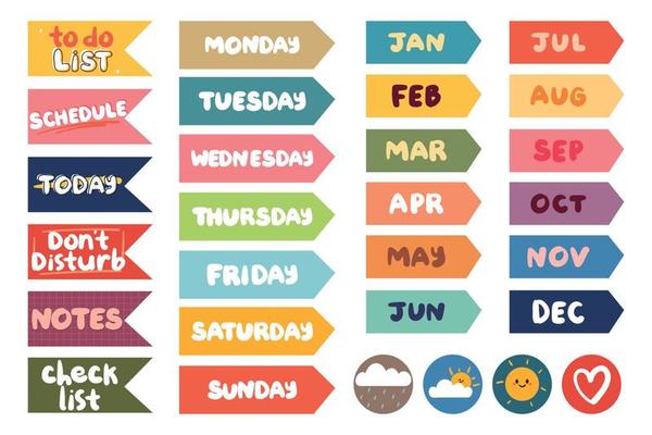 collection of weekly and daily planner sticker, notes, to do list, with lettering and cute icon. template for agenda, check list, stationery