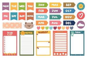 collection of weekly and daily planner sticker, notes, to do list, with lettering and cute icon. template for agenda, check list, stationery vector