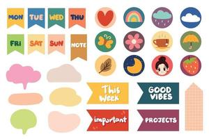 collection of weekly and daily planner sticker, notes, to do list, with lettering and cute icon. template for agenda, check list, stationery vector