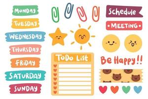 collection of weekly and daily planner sticker, notes, to do list, with lettering and cute icon. template for agenda, check list, stationery vector