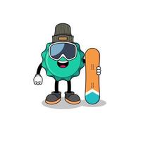 caricatura de mascota de jugador de snowboard con tapa de botella