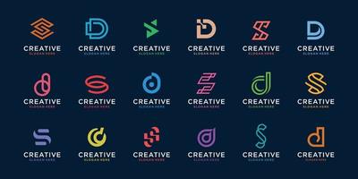 Set of creative letter D and S logo template. icons for business of digital, technology, finance, luxury, elegant, simple. Premium Vector