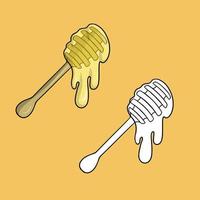 A set of pictures, Honey dripping from a honey stick, a wooden spoon for honey, a vector illustration in cartoon style on a colored background