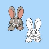 A set of pictures, Funny cute rabbit smiling and waving his paw, vector illustration in cartoon style on a colored background