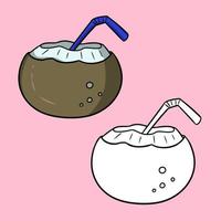 A set of pictures, an exotic drink, coconut juice with a straw, a vector illustration in cartoon style on a colored background