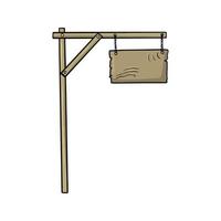 High pole with Square brown wooden sign on a chain, advertising stand, vector illustration in cartoon style on a white background