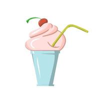 Milkshake with cherries and delicate cream, cold ice cream in a cup, vector illustration in flat style on a white background