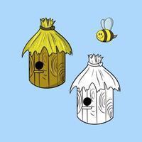 A set of pictures, A brown wooden house for bees with a thatched roof, honey collection, vector illustration in cartoon style on a colored background