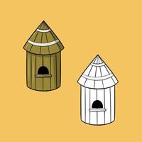 A set of pictures, a wooden house for bees, honey collection, vector illustration in cartoon style on a colored background