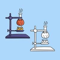 A set of pictures, a chemical experiment with heating a solution, a glass flask with boiling liquid, a vector illustration in cartoon style on a colored background