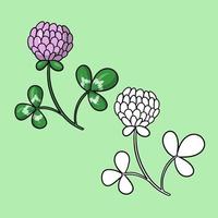 A set of pictures, a pink clover flower with leaves, a flower for collecting honey, a vector in cartoon style on a colored background