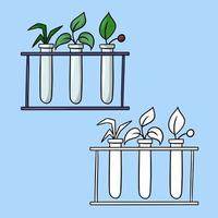 A set of pictures, a biological experiment with plants, glass test tubes on a stand, a vector cartoon illustration on a colored background