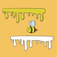 A set of pictures, Drops of bright yellow bee honey, streams of honey, vector illustration in cartoon style on a colored background