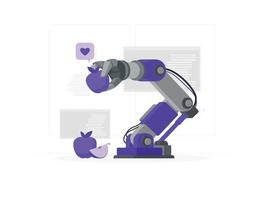 robot arm holding apple flat design vector