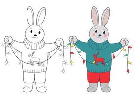 Funny bunny in sweater holding Christmas garland. Design element or a page of children's coloring book. Black-and-white and color outline illustration on a white background vector