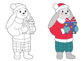 Cute bunny in winter clothes holding Christmas gift box. Design element or a page of children's coloring book. Black-and-white and color outline illustration on a white background vector