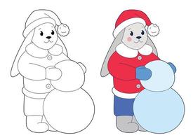 Cute little rabbit in red hat is making snowman. Design element or page of children's coloring book