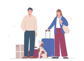 Married couple goes on trip or moves. Man is holding leash with dog in his hands, next to him is woman with suitcase. Traveling with pets vector