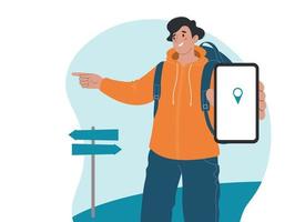 Cheerful male tourist points direction with his finger. In his other hand he holds phone, destination is displayed on screen. vector