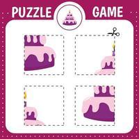 Puzzle game for kids. Cartoon cake. Cutting practice. Education developing worksheet. Activity page. vector