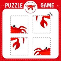 Puzzle game for kids. Cartoon crab. Cutting practice. Education developing worksheet. Activity page. vector