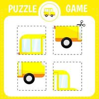 Puzzle game for kids. Cartoon bus. Cutting practice. Education developing worksheet. Activity page. vector