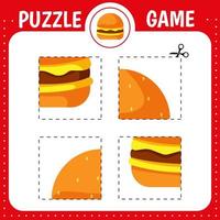 Puzzle game for kids. Cartoon burger. Cutting practice. Education developing worksheet. Activity page. vector