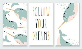 A set of posters for the nursery. Narwhals fantasy illustration vector