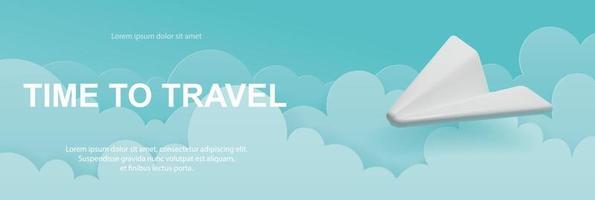 banner vectorial con un avión en el cielo con nubes. diseño 3d realista y corte de papel. concepto de vacaciones, tiempo para viajar vector