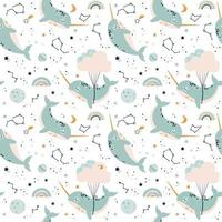 Seamless pattern with fairytale narwhals. Children's print for textiles vector