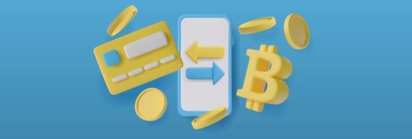 Cryptocurrency transactions and online banking. Bitcoin mobile wallet. 3d vector illustration of the financial digital market