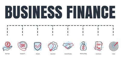 Business finance banner web icon set. shield, goal, savings, solution, money bag, contract, hand shake, support vector illustration concept.