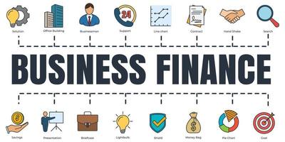 Business finance banner web icon set. businessman, briefcase, pie chart, presentation, search, etc vector illustration concept.