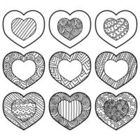 contorno del corazón con motivos zen ornamentados, tarjetas de san valentín de doble capa con remolinos enredados vector