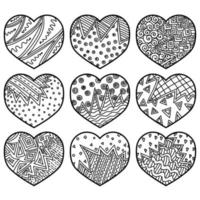 Set of outline hearts with ornate zen patterns, Abstract valentines with symbolic cracks for creativity vector