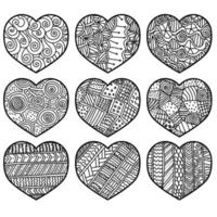 Set of outline hearts with ornate zen patterns, Abstract valentines for creativity vector